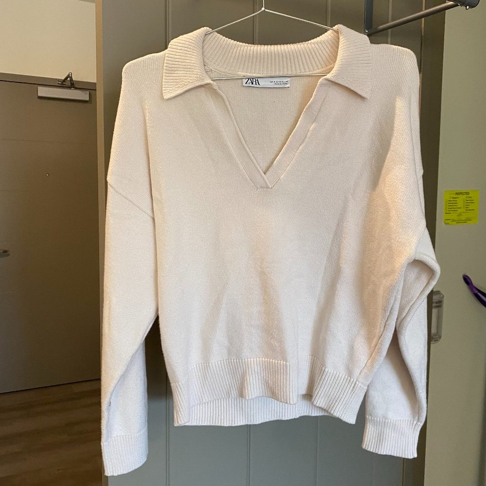 Zara Collared Ecru Knit Sweater